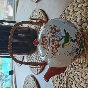 Action Lobeco Red Teapot Floral Bird Oriental Bamboo Handle VINTAGE